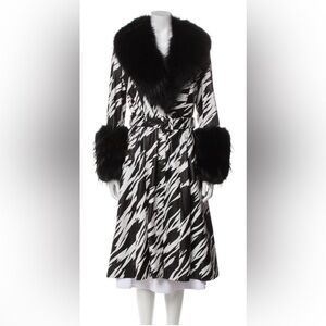 Saks Potts zebra black and white real leather coat with fur trim and collar